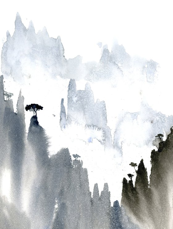 Japanese mountains painting (number 1 ) -  Original Watercolor Painting