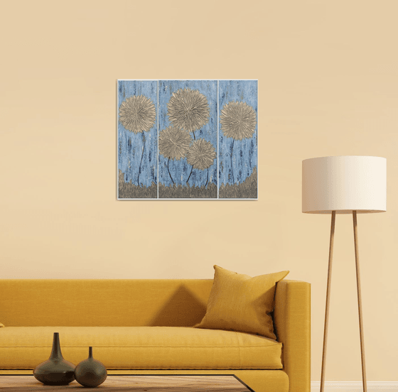 GOLD ASTERS WITH BLUE BACKGROUND (20X60, 30X60, 20X60size, texture, Modern art )