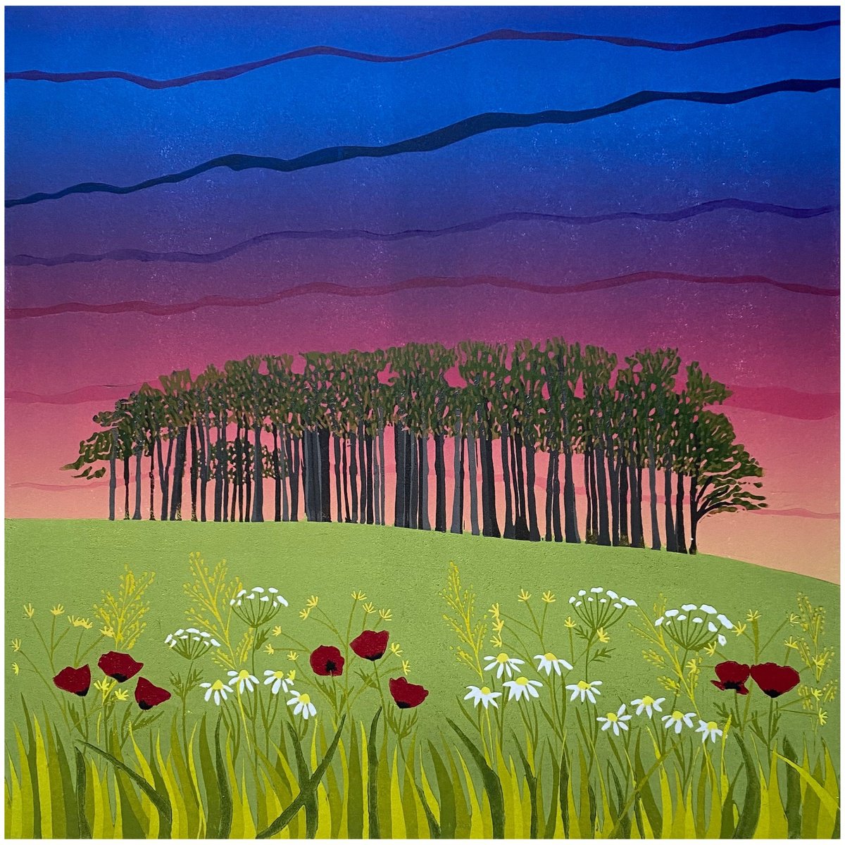 Impressionistic Landscape Linocut By Joanne Spencer, 12 X 12, The Coming Home Trees, Original Artwork