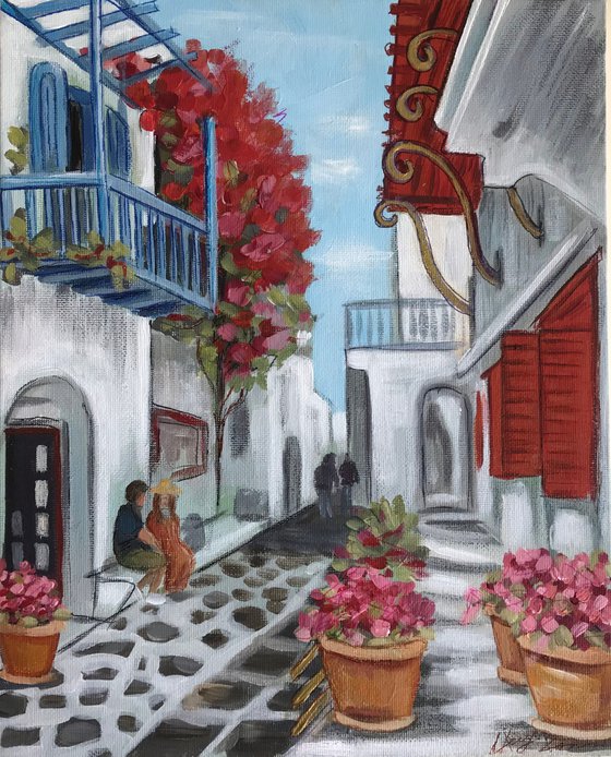 Greece artwork, acrylic cityscape Mykonos 22x28cm