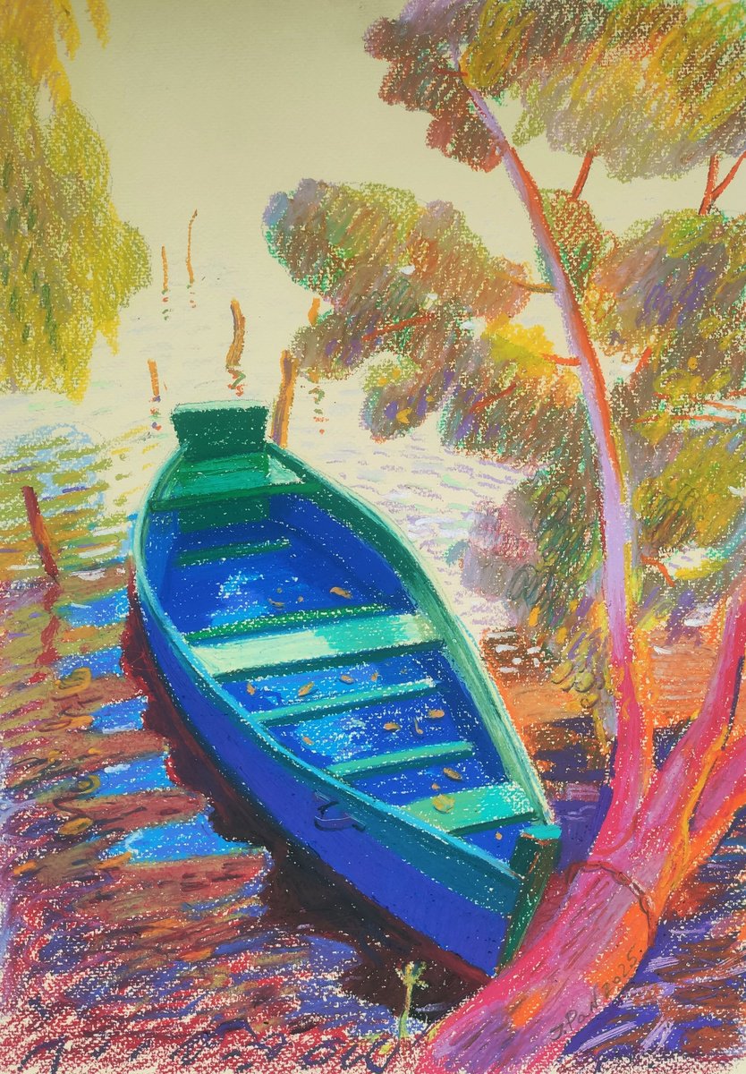 Impressionistic Pastel Drawing , Blue Boat By Inna Pantelemonova, 12 X 17, Artwork For Sale On Artfinder