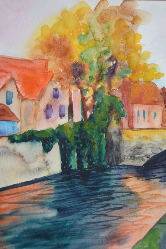 Bruges watercolour painting, Brugge cityscape wall art, Belgium