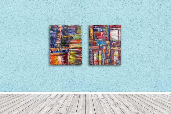 "Keep Your Distance" - FREE USA SHIPPING + Save As A Series - Original PMS Abstract Diptych Oil Paintings On Canvas - 32" x 20"