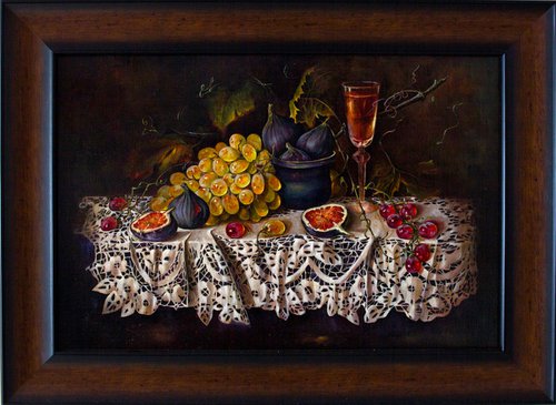 Still life with grapes and figs on a lace tablecloth by Inga Loginova