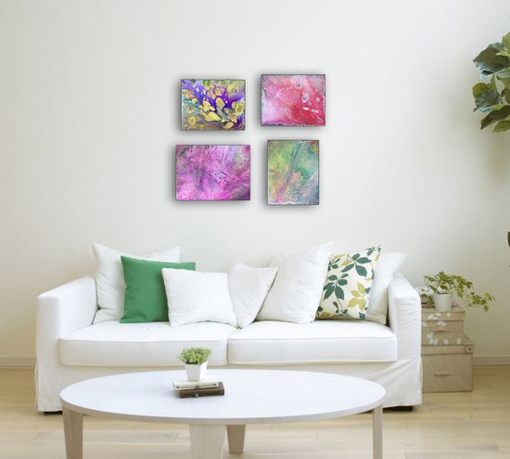 "Revelations" - FREE WORLDWIDE SHIPPING - Original Quadriptych, Abstract PMS Fluid Acrylic Paintings Series - 20" x 18"