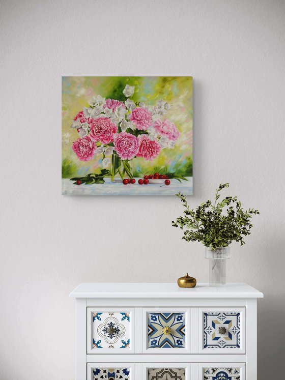 Pink Peonies in Glass Vase