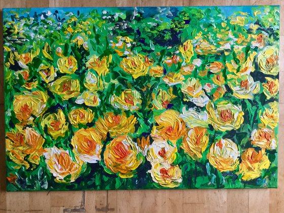 FIELD OF YELLOW, ORANGE, WHITE  ROSES  palette knife modern decor MEADOW OF FlOWERS, LANDSCAPE,  office home decor gift