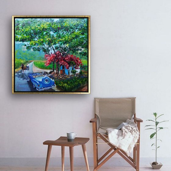 Cuban Original Landscape Painting, Viñales Valley with American Retro Vintage Car, Cuban Country Side, Horse Riding, Tropical Art