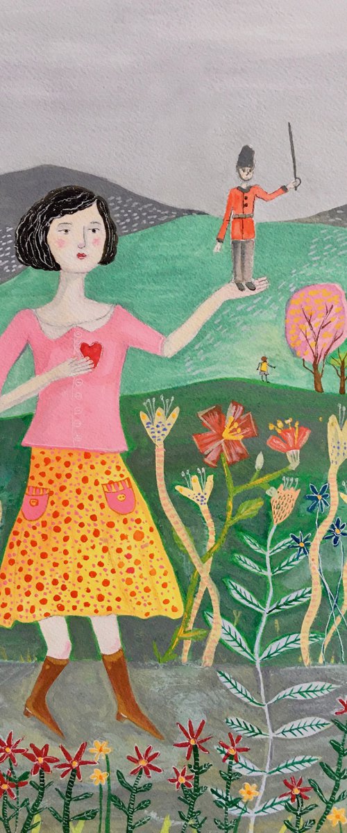 Illustration Guarding her heart Lady in Garden by Sharyn Bursic