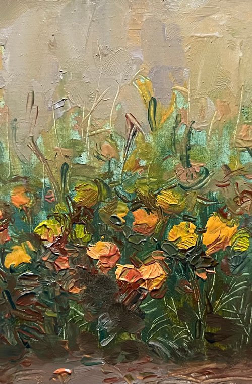 Marigolds flowers-Ukrainian miniature oil painting, plein air artwork by Roman Sergienko