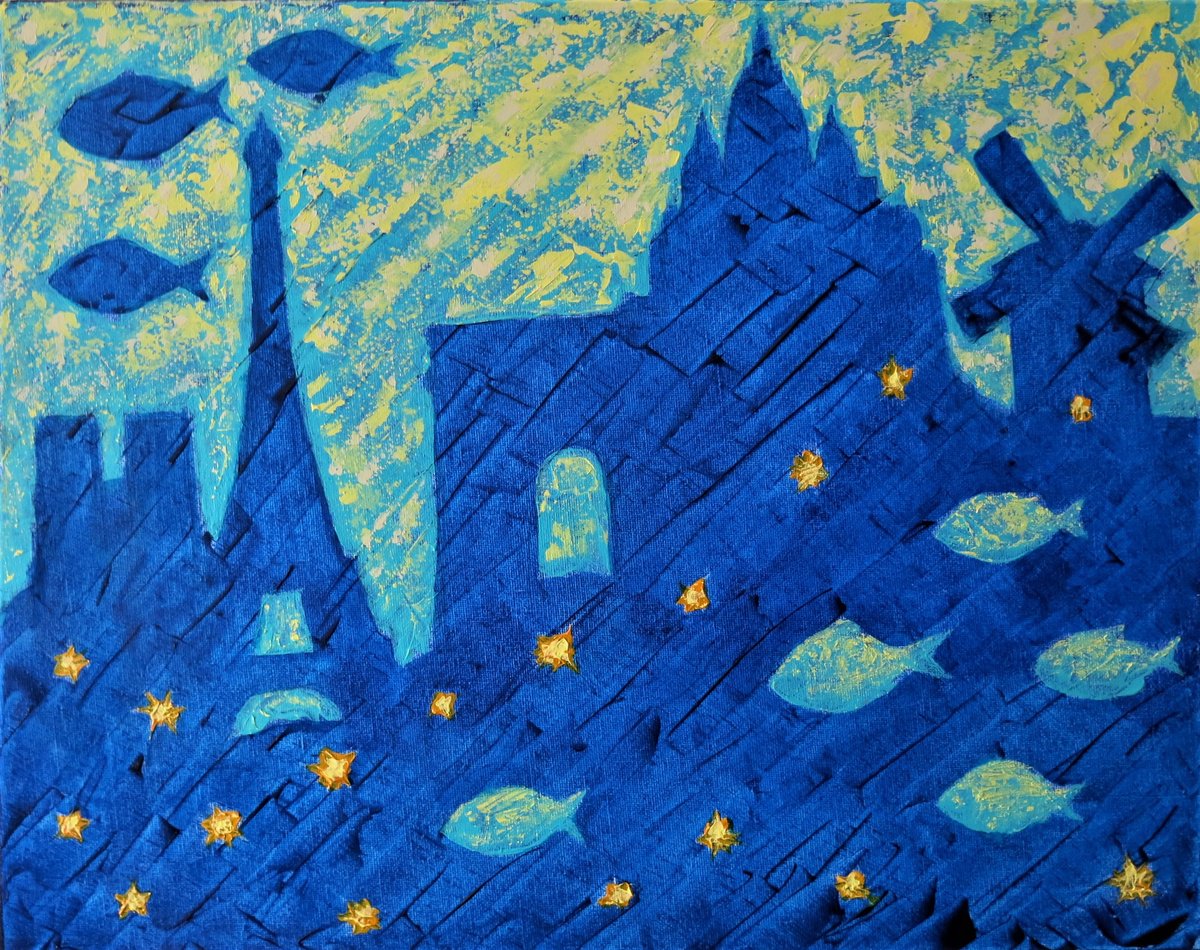Surrealistic Cityscapes Acrylic Painting By Denys Kuvaiev, 20 X 16, Paris Fishes, Original Artwork