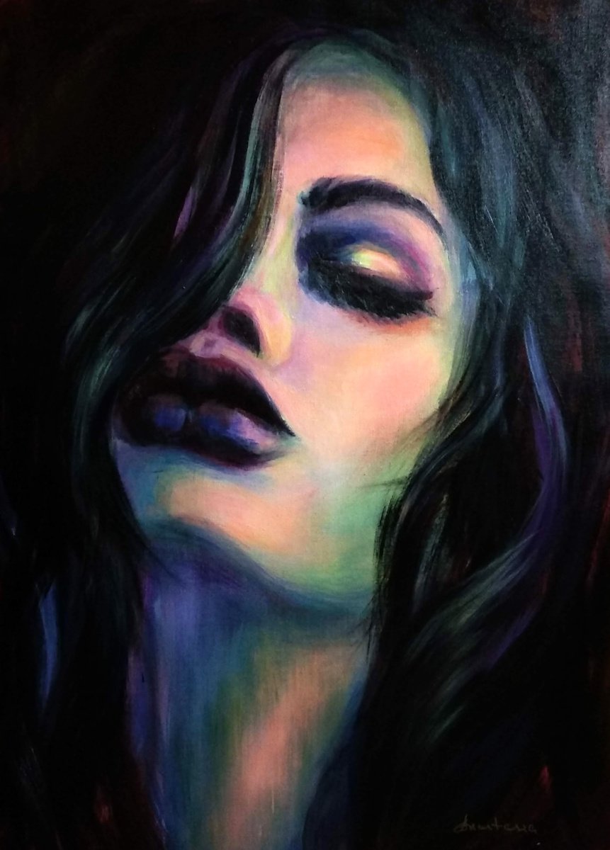 Dark beauty Woman Portrait in Acrylic Expressionism by Anastasia Art Line