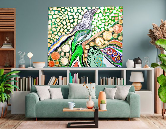 Forest bird - green large abstract painting