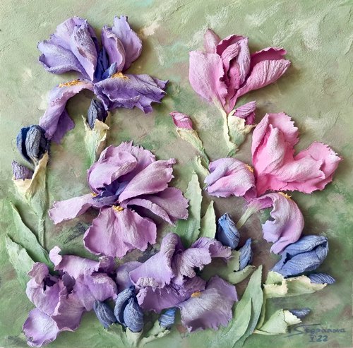 Fragile purple irises in the wind are delicate and elegant. A small floral botanical relief. 3d painting of spring flowers with ceramic petals. by Irina Stepanova