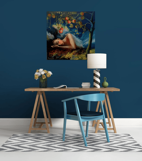 " Golden Silence " - 80 x 80cm Original Oil Painting - Angel -