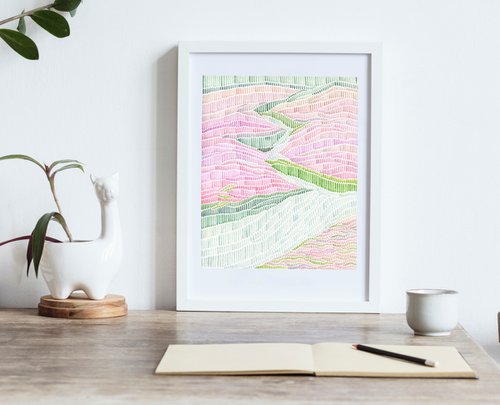 Abstract grass with pink flowers and water original style watercolor painting by Liliya Rodnikova