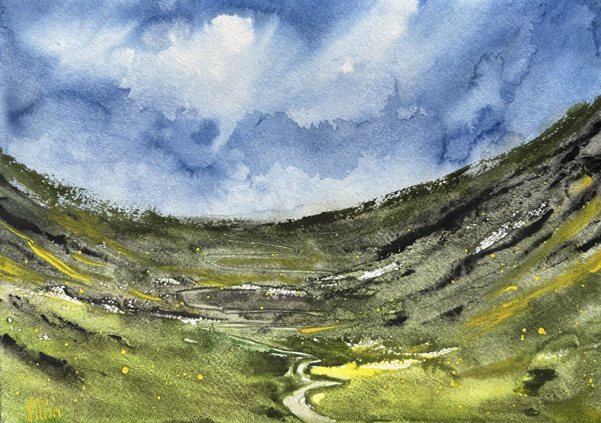 Expressive Landscape Watercolour By Yuliia Sharapova, 20 X 16", Alpine Mountain Plateau Spring, Original Artwork