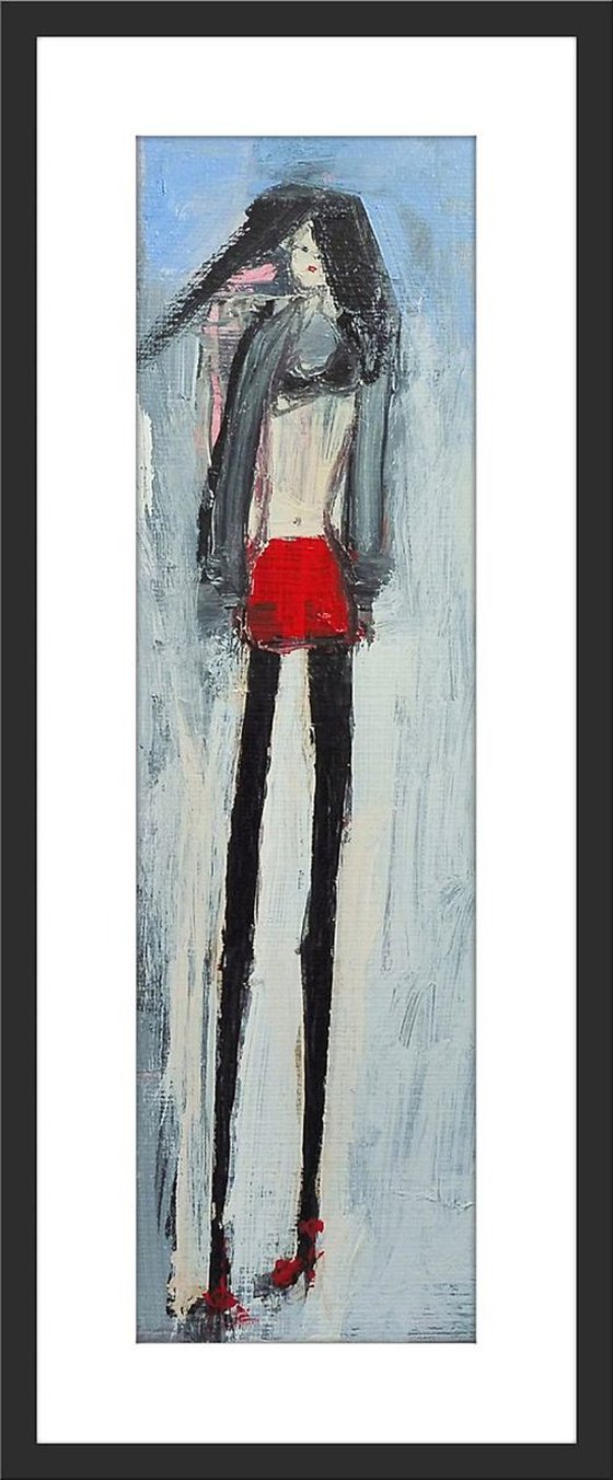 GIRL FASHION TEEN Leggings Standing Sketch Study. Original Figurative Mixed Media Painting. Varnished.