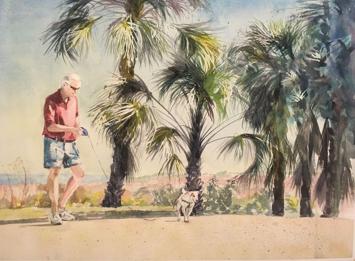 Impressionistic Watercolour , A Floridian And His Dog By Yoshiko Murdick, 24 X 18, Artwork For Sale On Artfinder