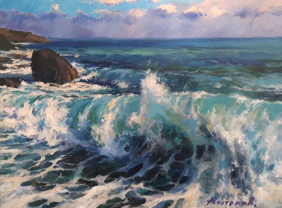 Impressionistic Landscape Acrylic Painting By Alexander Koltakov, 12 X 9, Sunny Surf #2, Original Artwork