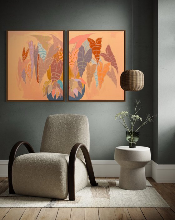 ‘Burnt Coral Alocasia and Begonia’ diptych