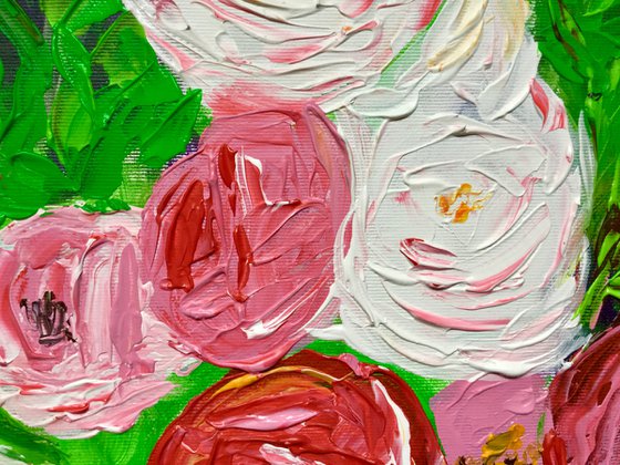 WHITE PINK YELLOW RED  ROSES IN A GARDEN palette knife modern still life  flowers office home decor gift