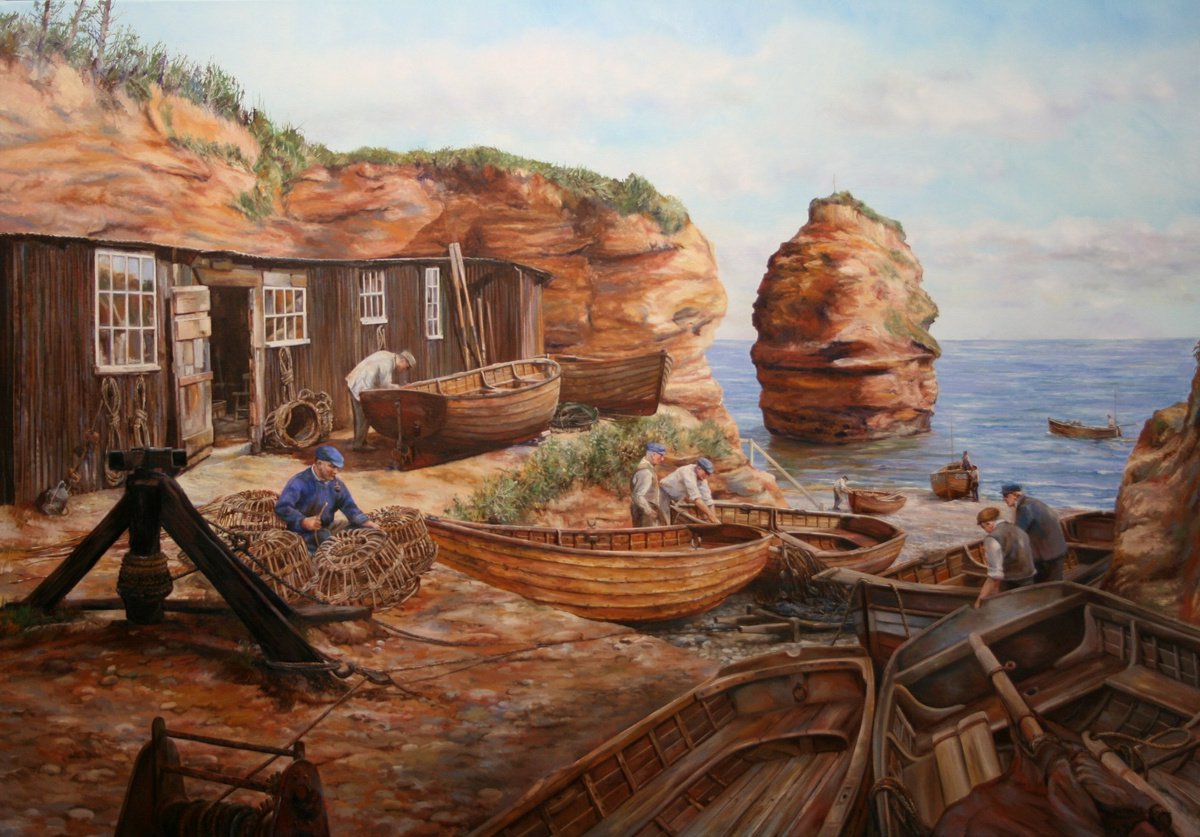 FISHERMEN AND BOATS AT LADRAM BAY by Peter Goodhall
