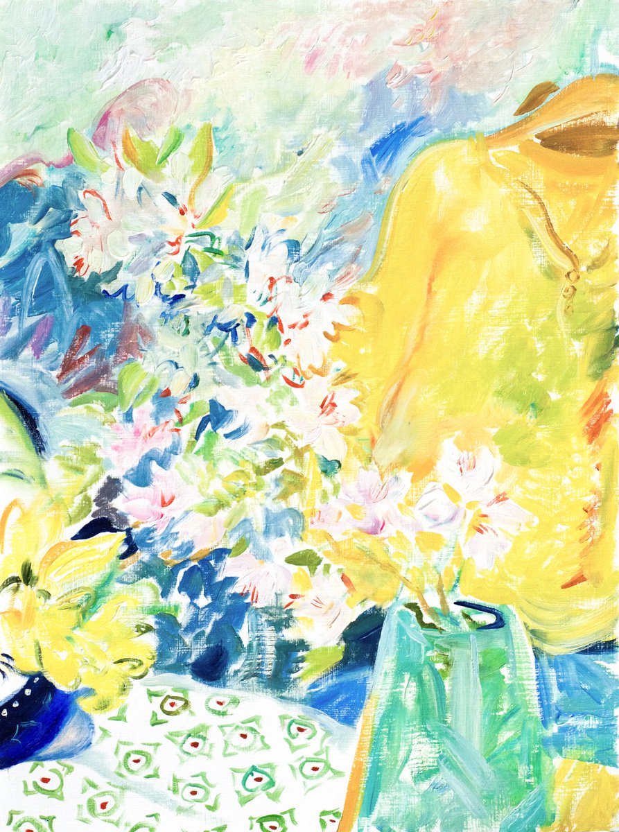 Impressionistic Botanical Oil Painting By Daria Galinski, 12 X 16, Still Life With A Cherry Branch And Yellow Shirt, Artfinder