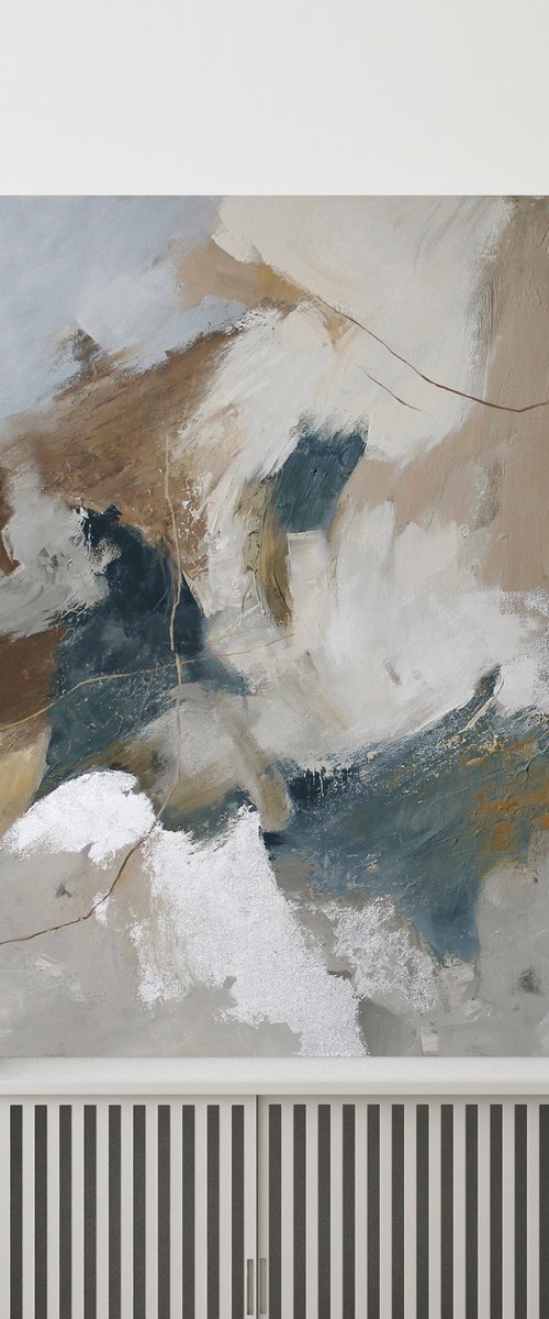 "Blue Velor" Abstract gray beige blue art by Yana Sagan