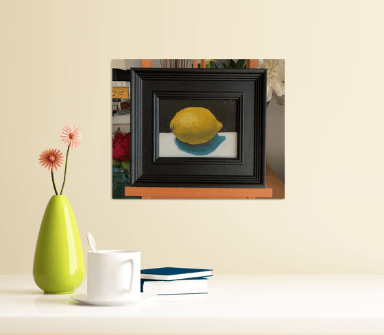 Lemon Still Life original oil realism painting, with wooden frame.