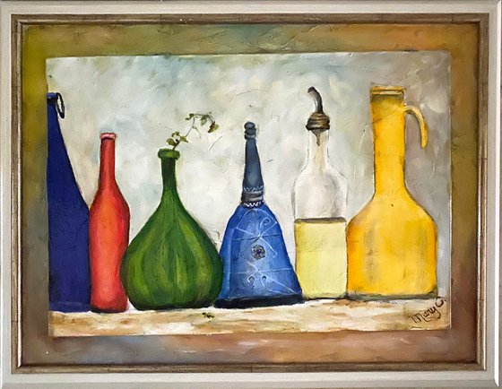 Crystal Bottle Collection oil painting with several color glazes 12x16 framed
