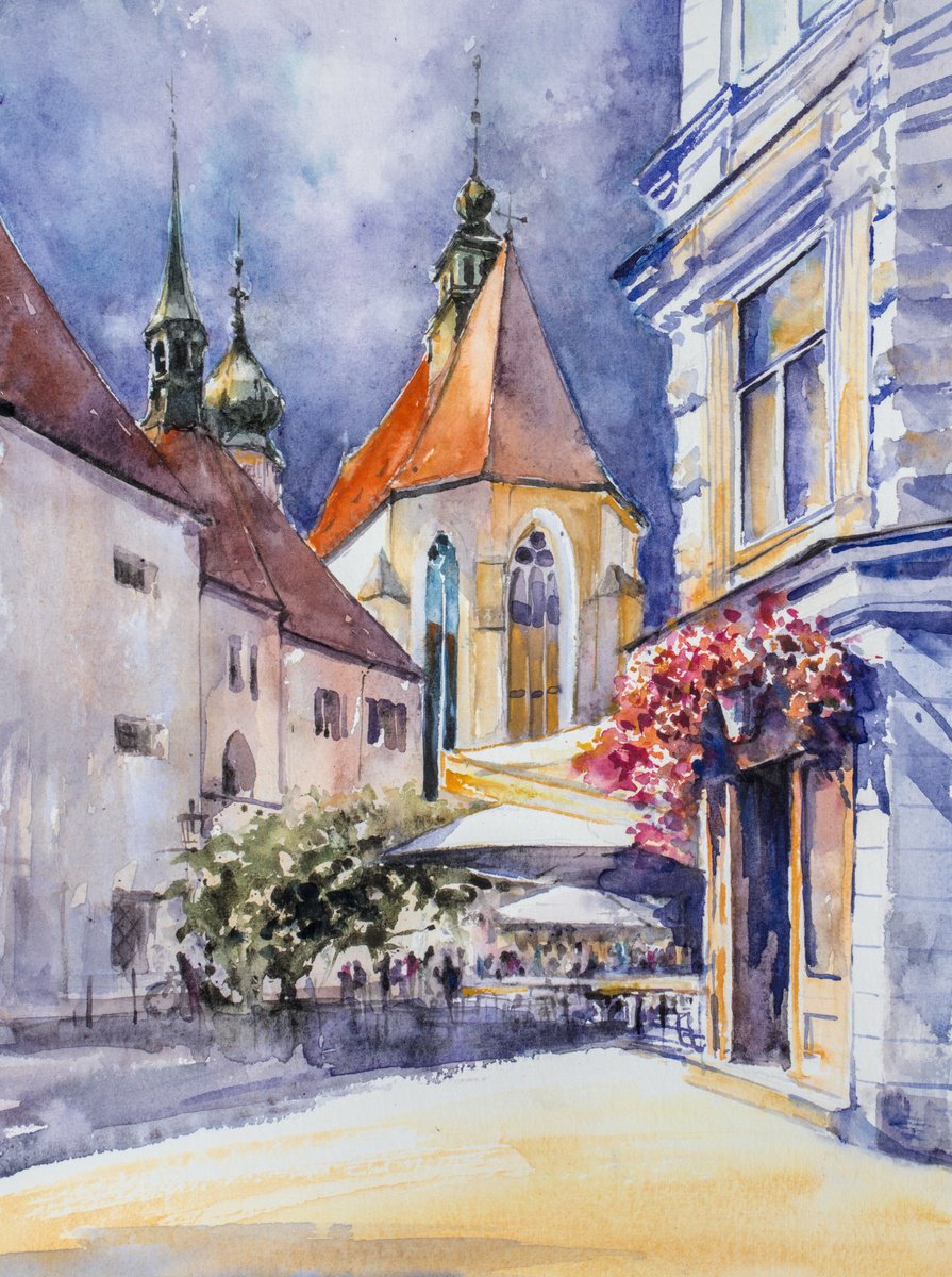 Impressionistic Cityscapes Watercolour By Eve Mazur, 9 X 13, Franziskanerplatz, Graz, Original Artwork
