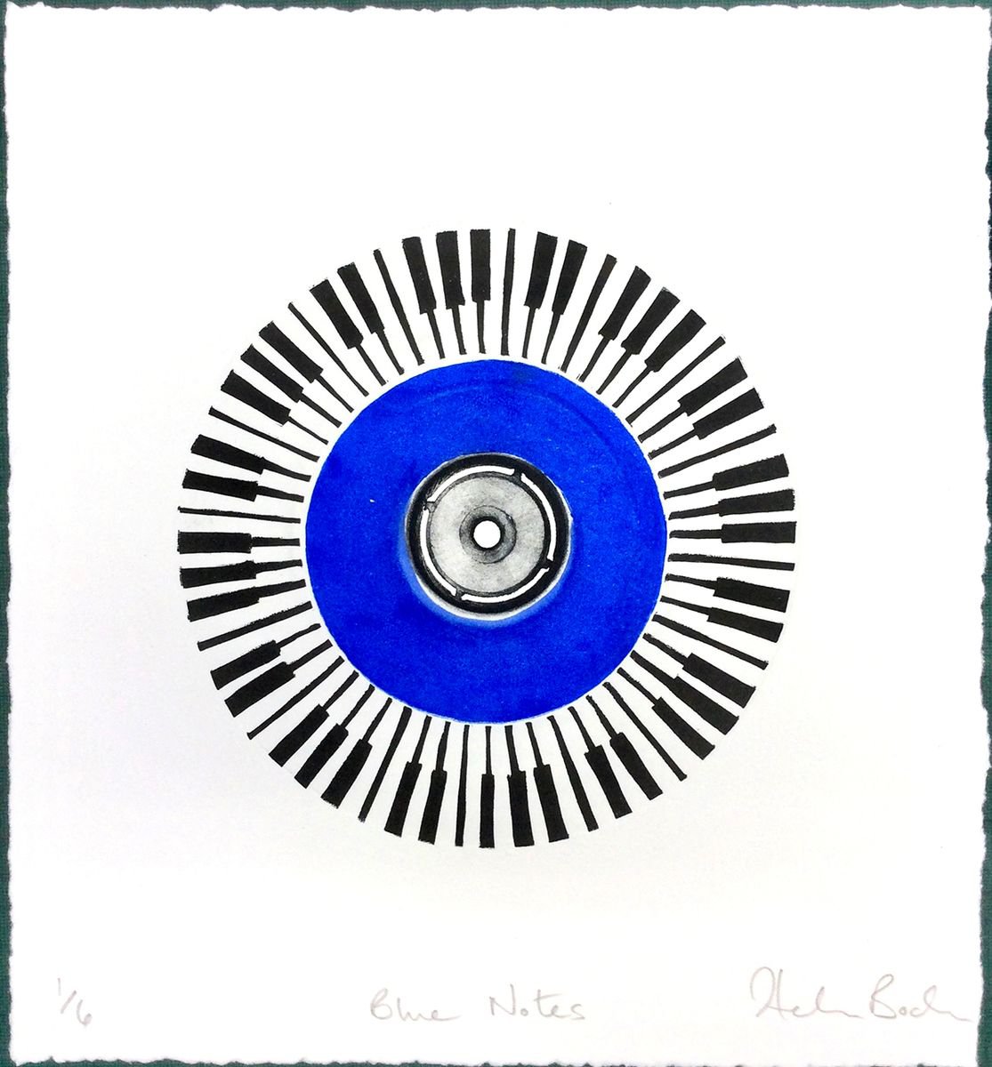 Urban And Pop Abstract Linocut By Helen Boden, 11 X 11, Blue Notes, Original Artwork