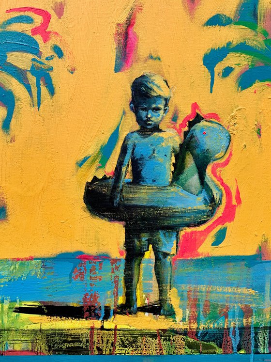 Bright summer painting - "Small swimmer and shark" - Pop Art - Pool - Palms - Landscape - California - Nature - Yellow&Blue