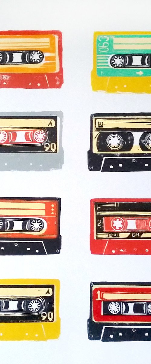 Linocut tapes #56 (cassette tapes, retro music, 70's, 80's rock culture) by Carolynne Coulson