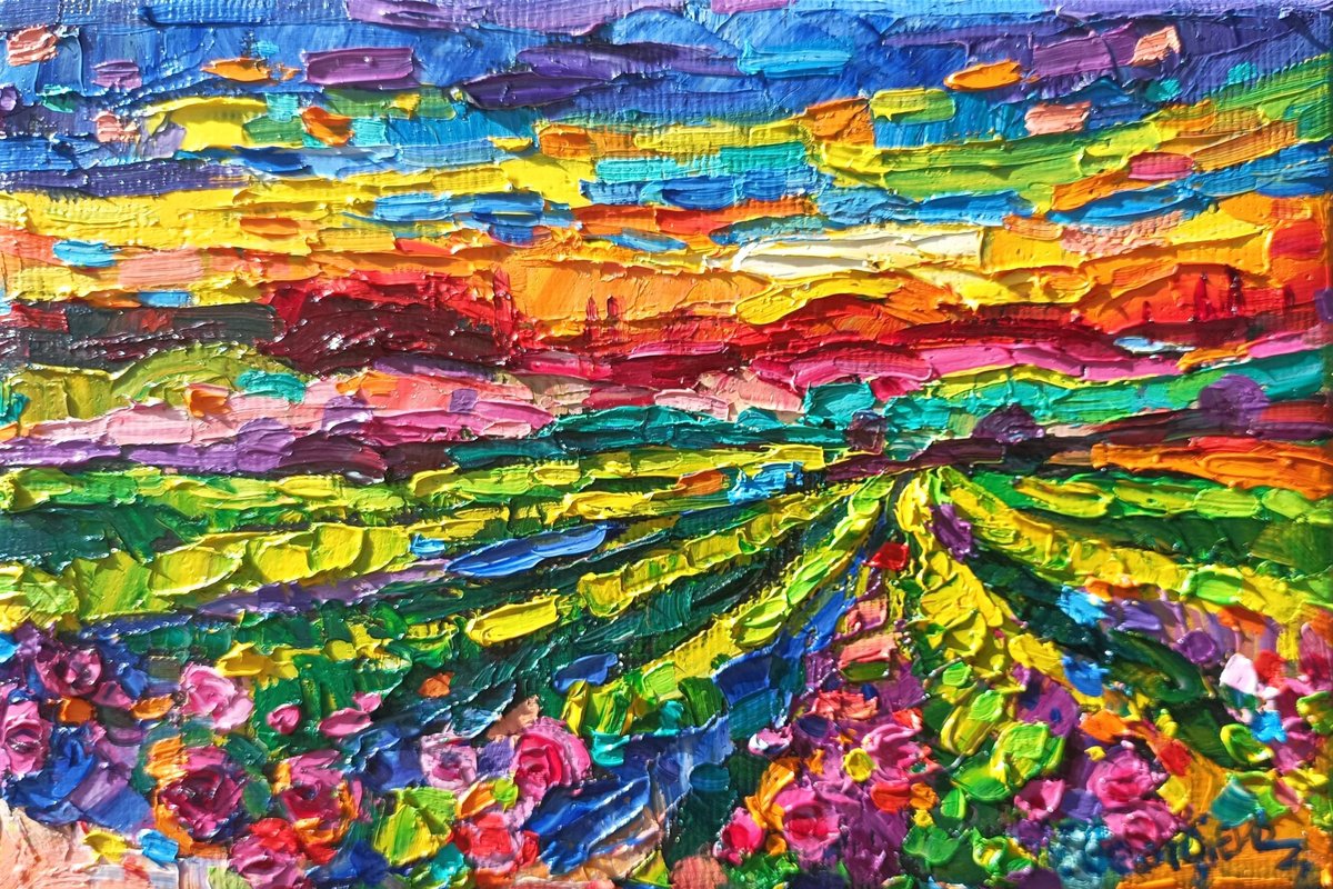 Impressionistic Landscape Oil Painting By Vanya Georgieva, 12 X 8", Vineyards At Sunset, Original Artwork