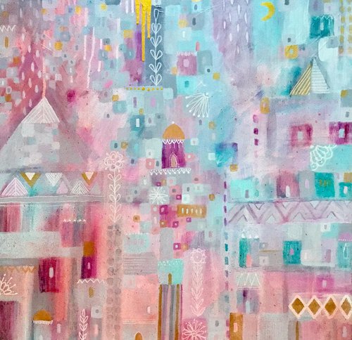 Abstract Painting, Geo Abstract City, large Canvas by Janice MacDougall