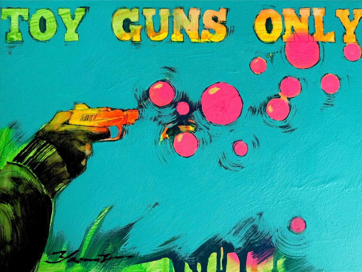 Urban And Pop Portrait Acrylic Painting By Yaroslav Yasenev, 16 X 12", Toy Guns Only 3, Original Artwork