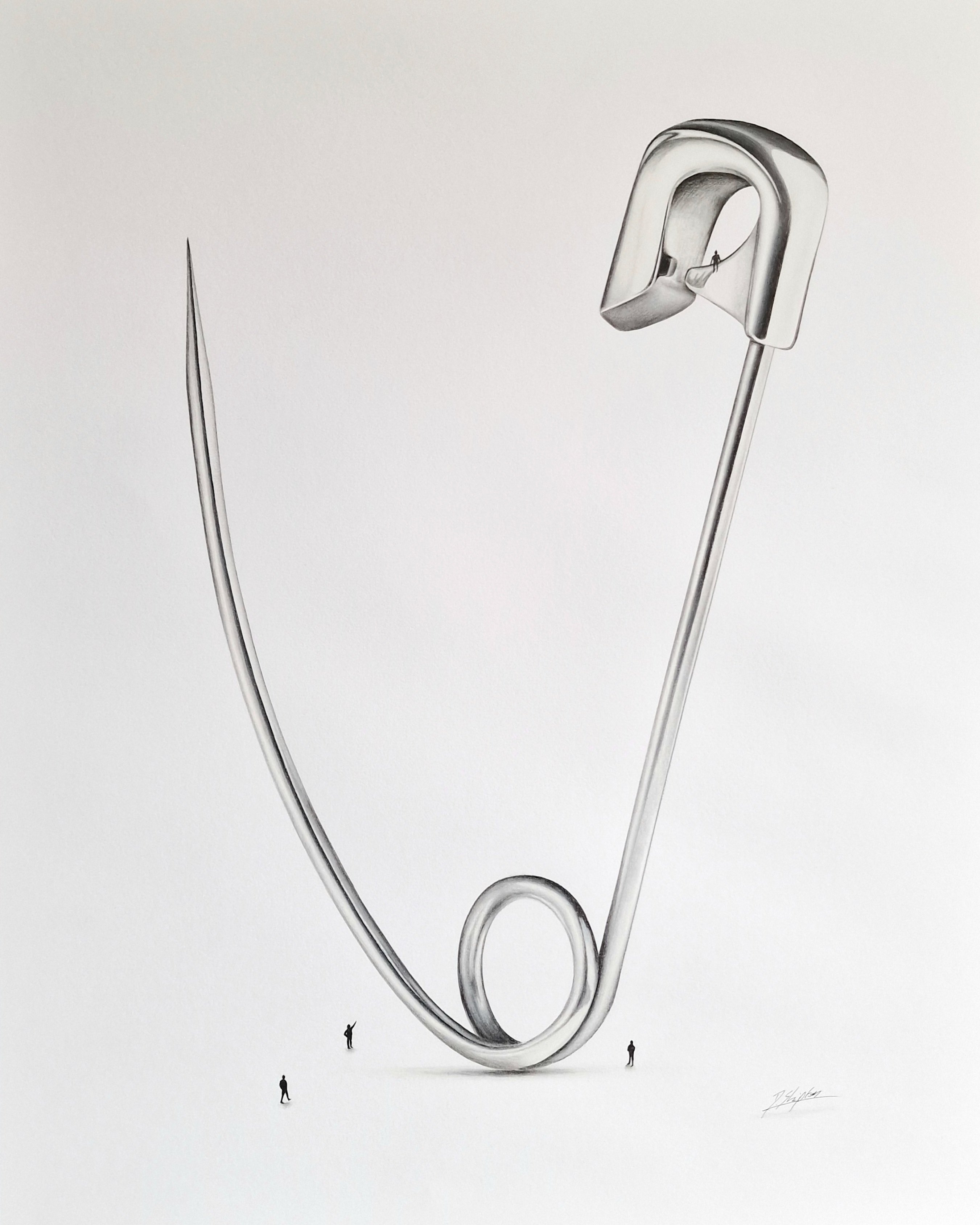 Urban And Pop Still Life Pencil Drawing By Daniel Shipton, 16 X 20, Safety Pin, Original Artwork