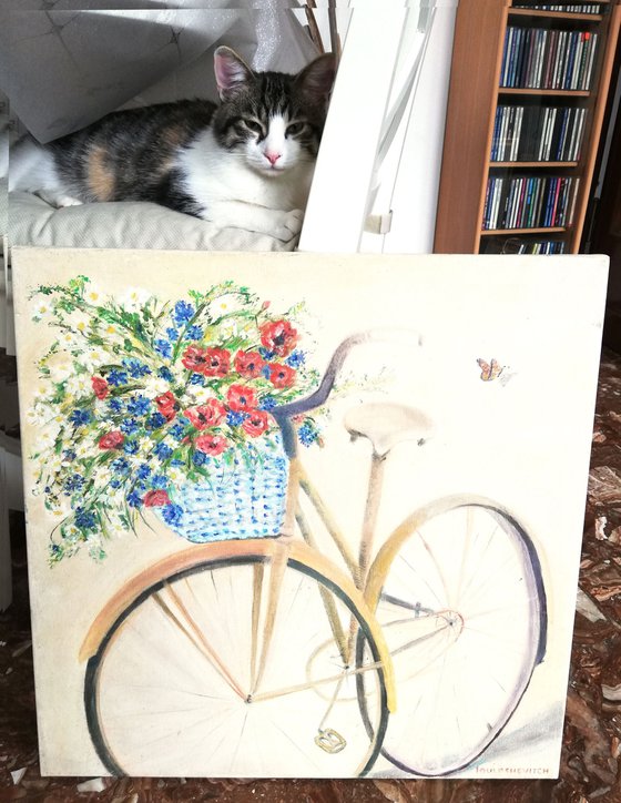 An old Countryside Bike Bicycle with Meadow Flowers Basket and a Butterfly Art Village Gift for Women