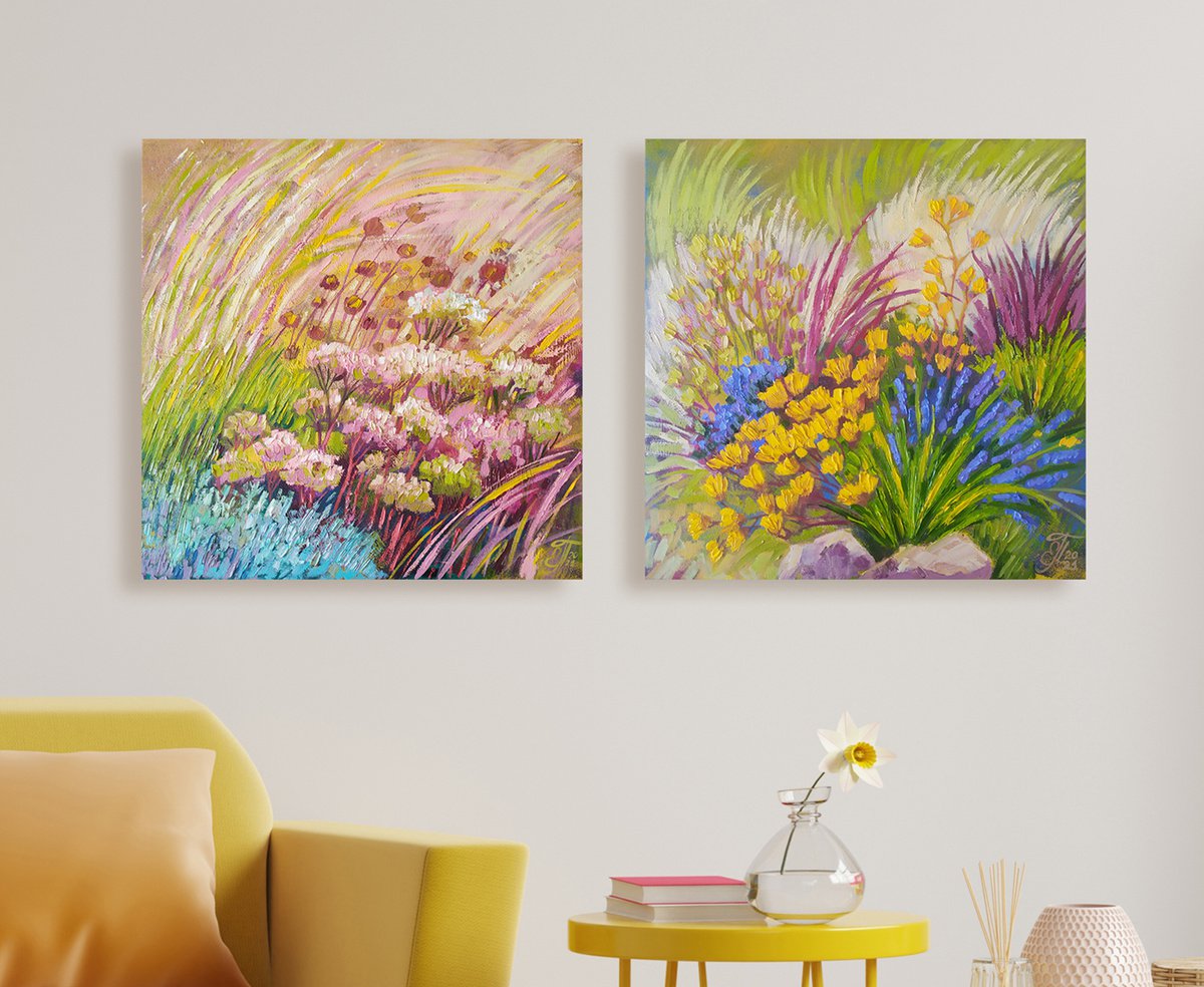 Midday Meadow. Set of 2 abstract floral artworks by Ekaterina Prisich