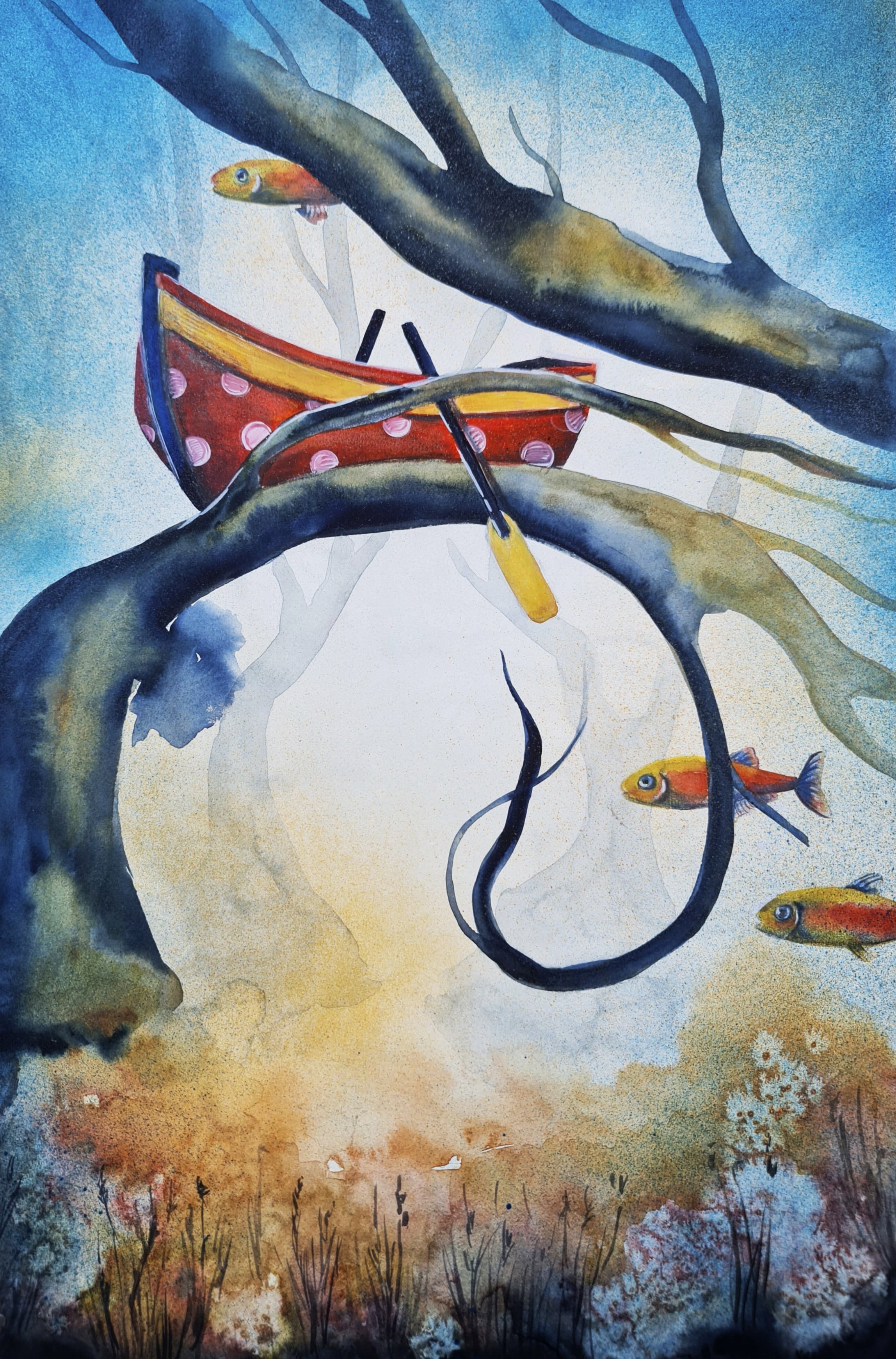 Surrealistic Landscape Painting By Evgenia Smirnova, 15 X 22, The Forest Of Flying Dreams, Original Artwork