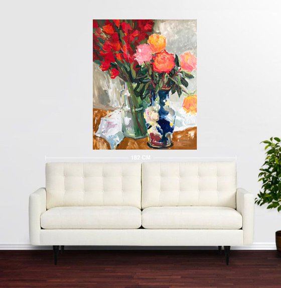 Still life with roses and gladioli.