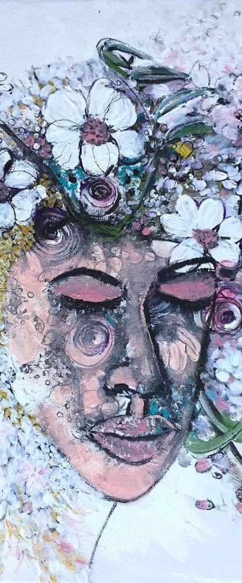 Zen Part I Face Portrait Calm Feel Floral Artwork For Sale Original Flower Painting On Canvas Ready to Hang Gift Ideas Acrylic Paintings Buy Art Now Free Delivery 40x50cm by Kumi Muttu