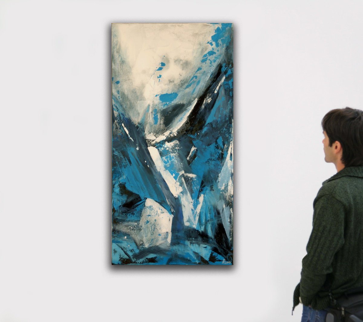 Abstract Acrylic Painting By Rumen Spasov, 20 X 39", "The Blue Way", Original Artwork