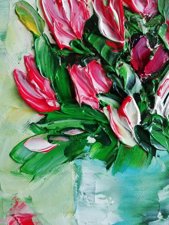 Tulips, original small texture oil painting, gift idea ,wall decor