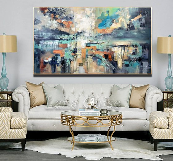 Shining Light - Extra Large Abstract Painting 71" x 40" , Oversize Canvas, Gray, Blue Gold Leaf Soft Colors White Gray Painting
