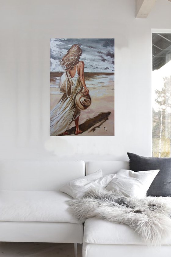 " MORNING WALK ON THE BEACH WITH HAT "