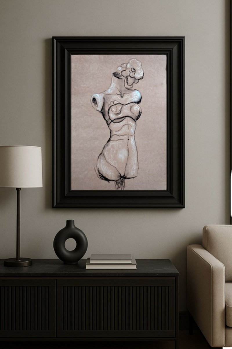 Expressive Portrait Drawing By Kira K. Sadian, 20 X 28", Torso Femme 1, Original Artwork