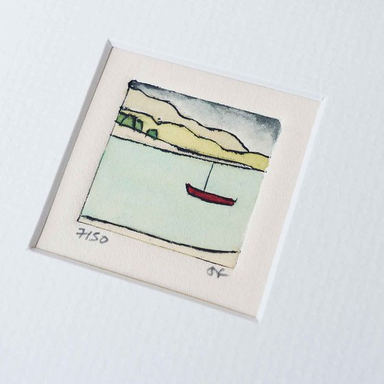 Mini framed little red boat on loch